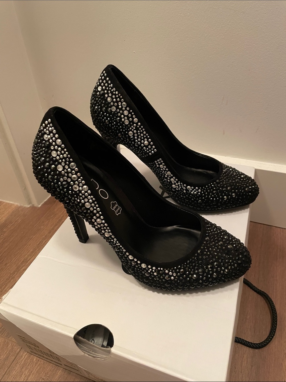 Aldo Black Crystal-Studded Pointed Toe Stilettos.